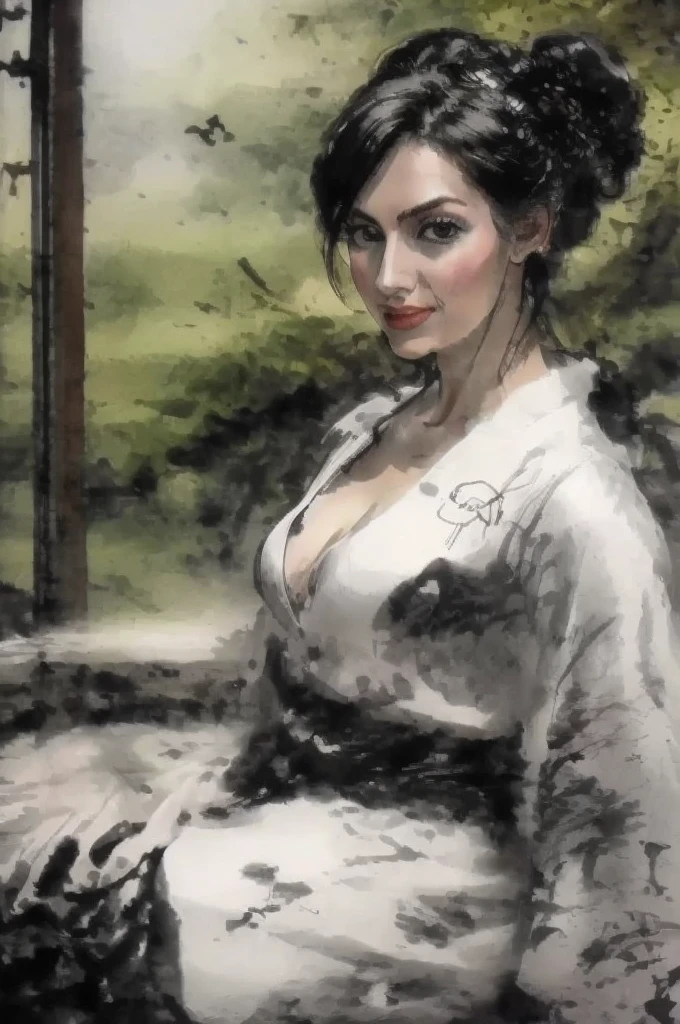 black and white tones:1.3, masterpiece, best quality, tradition chinese ink watercolor paintings:1.2, use thick and light inks to create light and dark changes and layers, a beautiful 20s russian model, ultra detailed face
