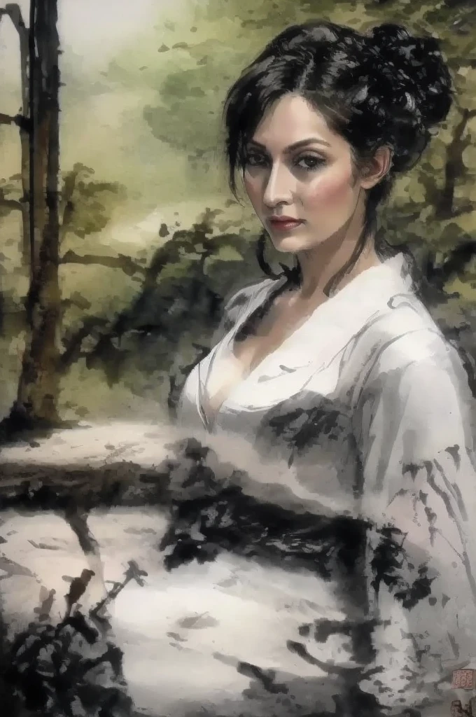 black and white tones:1.3, masterpiece, best quality, tradition chinese ink watercolor paintings:1.2, use thick and light inks to create light and dark changes and layers, a beautiful 20s russian model, ultra detailed face
