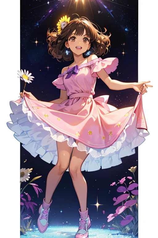 Kenya is short with brown skin, light brown eyes, and a gap between two upper teeth. She has shoulder-length curly dark brown hair with straight bangs.

She wears a purple t-shirt with a white daisy on the front and short blue skirt underneath. Also, she wears a blue skirt and light pink dress shoes. SPARKLE; GLITTER