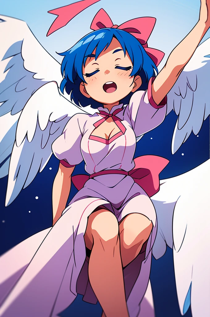 (best quality,4k,8k,highres,masterpiece:1.2), ultra-detailed, highly detailed texture, intricate details, A cute teenage angel with blue eyes, drawn in anime style, 1girl, , , 10 years old, medium blue hair, hair flaps, pink ribbon on head, well-formed face, blue eyes, angel girl, white blouse, puffy short sleeves, red ribbon, angel wings, long white skirt, red shoes, frills, ribbon head, A pair of angel wings on the back, from behind, to lift up one’s skirt, cowboy shot, from front, standing , raise one leg, crossed arms, arms up behind, arms behind back, hand between legs, put hands hip, one hand on hip, forward hands, arms raised in the air, punch hands, peace sign, waving, put up index finger, sit, lie down, closed eyes, lie face down, looking back, put one hand chest, leaning forward, cleavage, close up, horizontally outstretched arms, horizontally outstretched legs, front view, front face