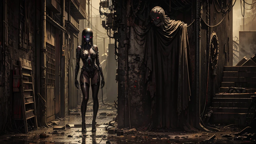 a primitive cannibal woman, stalking the halls of a space ship, hunting an astronaut, detailed facial features, long sharp teeth, tattered clothes, dirty skin, dark eyes, intense glare, aggressive pose, dim lighting, industrial metal interior, ominous atmosphere, sci-fi, cinematic, dramatic lighting, high contrast, gritty, moody, (best quality,4k,8k,highres,masterpiece:1.2),ultra-detailed,(realistic,photorealistic,photo-realistic:1.37)