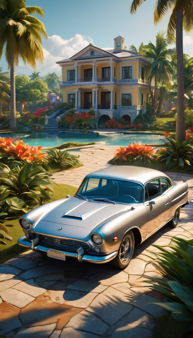 generates a silver car in the center of the image, overflowing with lighting around it, but dusty with the keys on the ground, in the background of the image there is a white and gold mansion just behind the car, with a fun landscape, cheerful colors In the landscape, fantastic realism, lustrous, ablaze colors, beaming colors, bright bold colors, acidwave, satin, ambient lighting, 3d modeling, ninja, tropical landscape design, high angle, full shot, leading lines photography, landscape photography, autodesk maya --chaos 25
