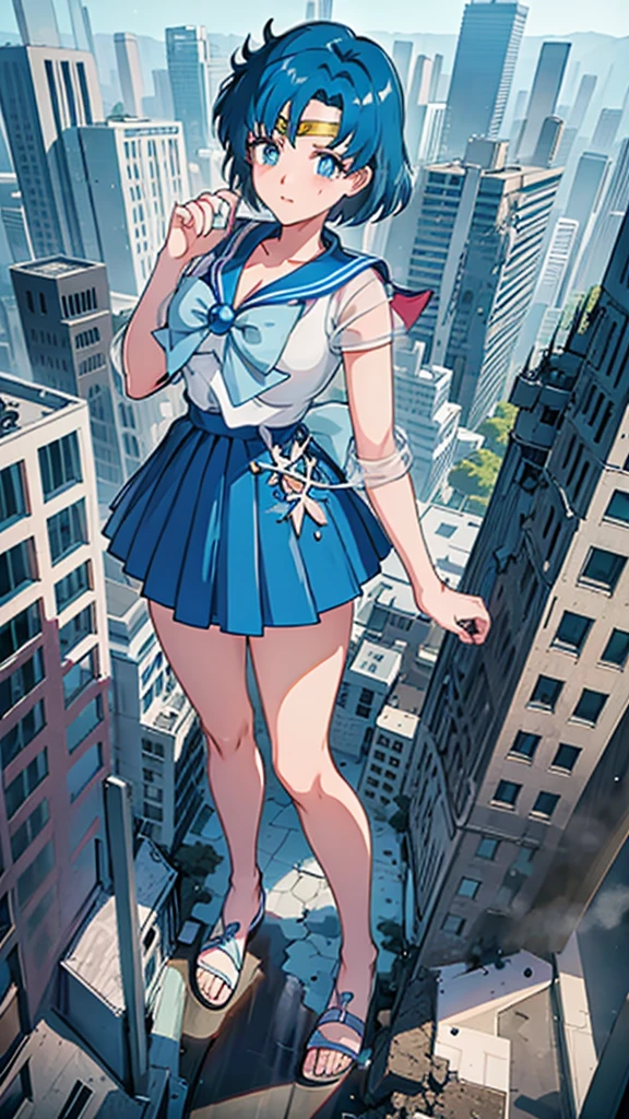 Anime style beauty masterpiece Unreal Engine precision cute girl Giant girl (Ami Mizuno in skyscraper) Short blue hair Sailor Mercury uniform ((Aerial view)) Flood Heavy rain Torrential rain Cloudy sky Dark sky Collapsed building Destroyed ((Destroyed buildings) )) ((Destroyed cars)) ((Pile of rubble)) Giant girl on the road of a big city in the 90s Uniform Sneakers ((Cloudy sky)) Female giant Giant girl's whole body Destroyed skyscrapers, destroyed cars, crowd Unreal Engine,