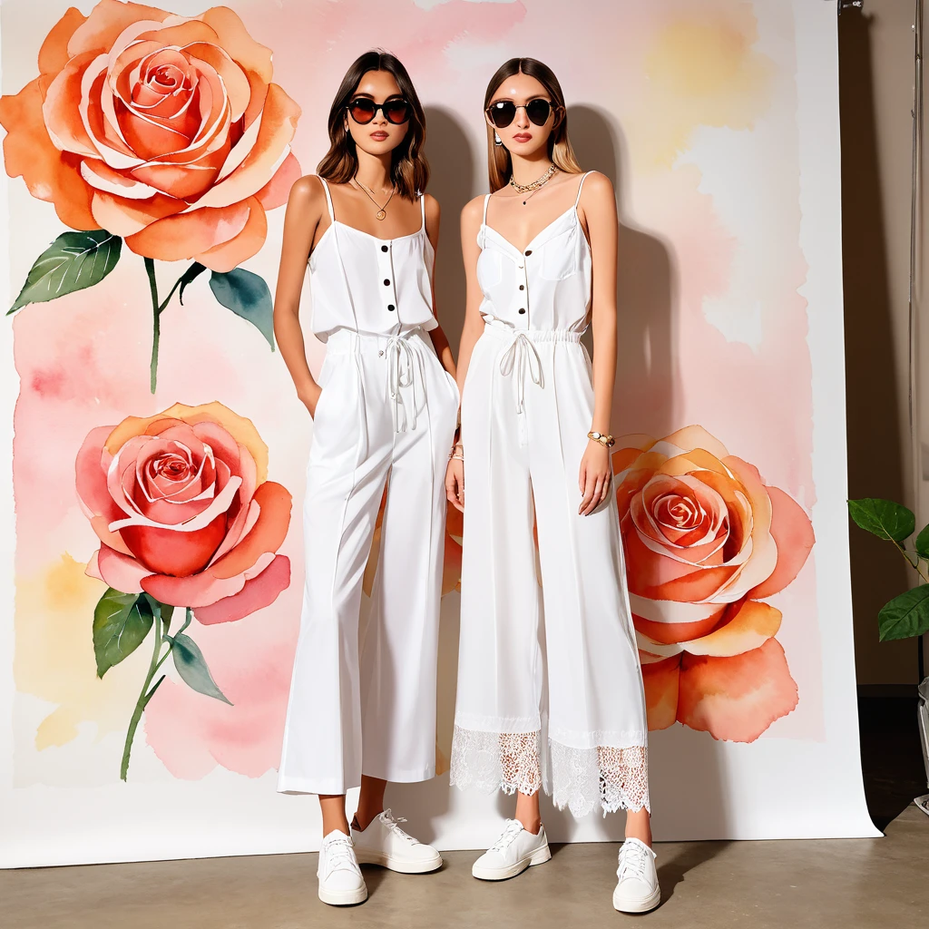 candid fashion photography of young man and woman, both aged 20 year old, ((showcase fashion look book in a White rayon outfits)), inspired by resort collection 2020 in elegant young bohemian style. The man wears an oversized short-sleeved bowling white shirt with a pocket details, paired with relaxed-fit white Sports Wide Leg Baggy short and Drawstring, He completes his look with white sneakers, sunglasses and bracelet. The woman complements him in a white Ankle-length dress in a rayon with delicate lace insets, V-shaped neckline, covered buttons down the front and an open section, (sleeveless with spaghetti shoulder straps), Gathered waist, lace hem, Her ensemble includes an accessorizes with a wide-brimmed straw hat, white sneakers and necklace. Captured in a low angle, ((full-body image)), ((roses water color background)), sketching, realistic drawing, ((imperfect water color drawing)), fashion look book, fashion illustrator, sketch design, Jacquemus, BACKSTAGE Studio Chiangmai,