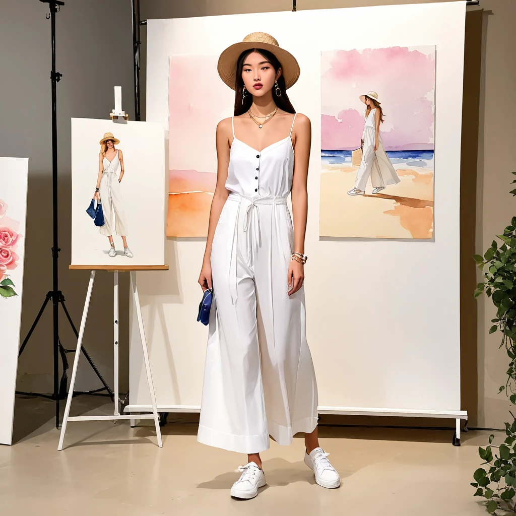 candid fashion photography of young man and woman, both aged 20 year old, ((showcase fashion look book in a White rayon outfits)), inspired by resort collection 2020 in elegant young bohemian style. The man wears an oversized short-sleeved bowling white shirt with a pocket details, paired with relaxed-fit white Sports Wide Leg Baggy short and Drawstring, He completes his look with white sneakers, sunglasses and bracelet. The woman complements him in a white Ankle-length dress in a rayon with delicate lace insets, V-shaped neckline, covered buttons down the front and an open section, (sleeveless with spaghetti shoulder straps), Gathered waist, lace hem, Her ensemble includes an accessorizes with a wide-brimmed straw hat, white sneakers and necklace. Captured in a low angle,  ((full-body image)), ((roses water color background)), sketching, realistic drawing, ((imperfect water color drawing)), fashion look book, fashion illustrator, sketch design, Jacquemus, BACKSTAGE Studio Chiangmai,