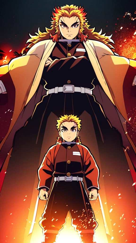 Male, Rengoku clan, wearing pilot goggles and barnstormer jacket with flame design, light stubble on chin, standing at attention, hands in pockets, fully in frame, full body shot, facing viewer, lone figure, sole person, Demon Slayer style