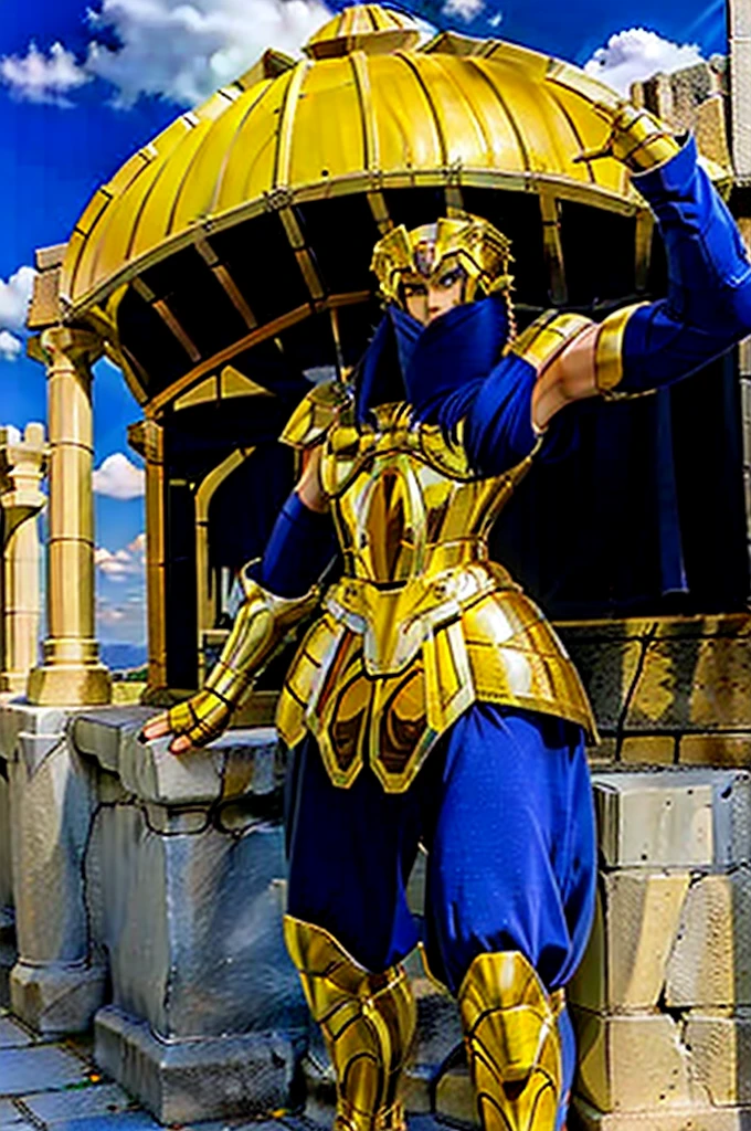 Gemini Armor, gold armor, Henry Cavill as 1boy, armor, Dramatic skies, looking at the audience, armor, Shut up, Upper Body, Serious, helmet, On the Greek temple bridge, Japanese cartoons, whole body. Go to the audience, boots