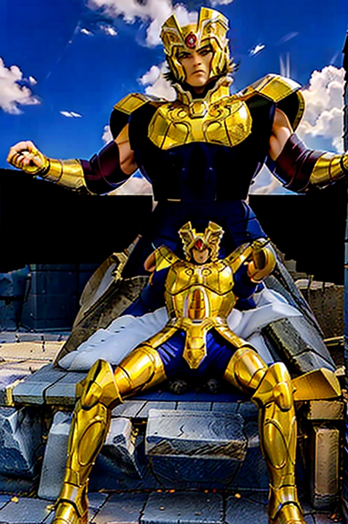 Gemini Armor, gold armor, Henry Cavill as 1boy, armor, Dramatic skies, looking at the audience, armor, Shut up, Upper Body, Serious, helmet, On the Greek temple bridge, Japanese cartoons, whole body. Go to the audience, boots