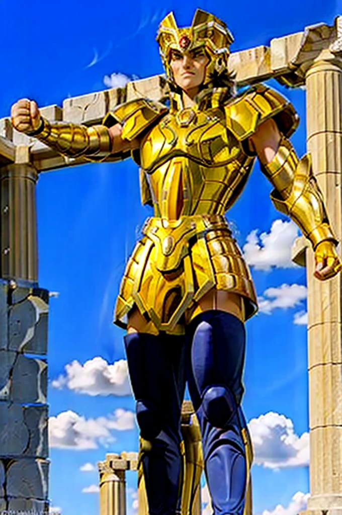 Gemini Armor, gold armor, Henry Cavill as 1boy, armor, Dramatic skies, looking at the audience, armor, Shut up, Upper Body, Serious, helmet, On the Greek temple bridge, Japanese cartoons, whole body. Go to the audience, boots