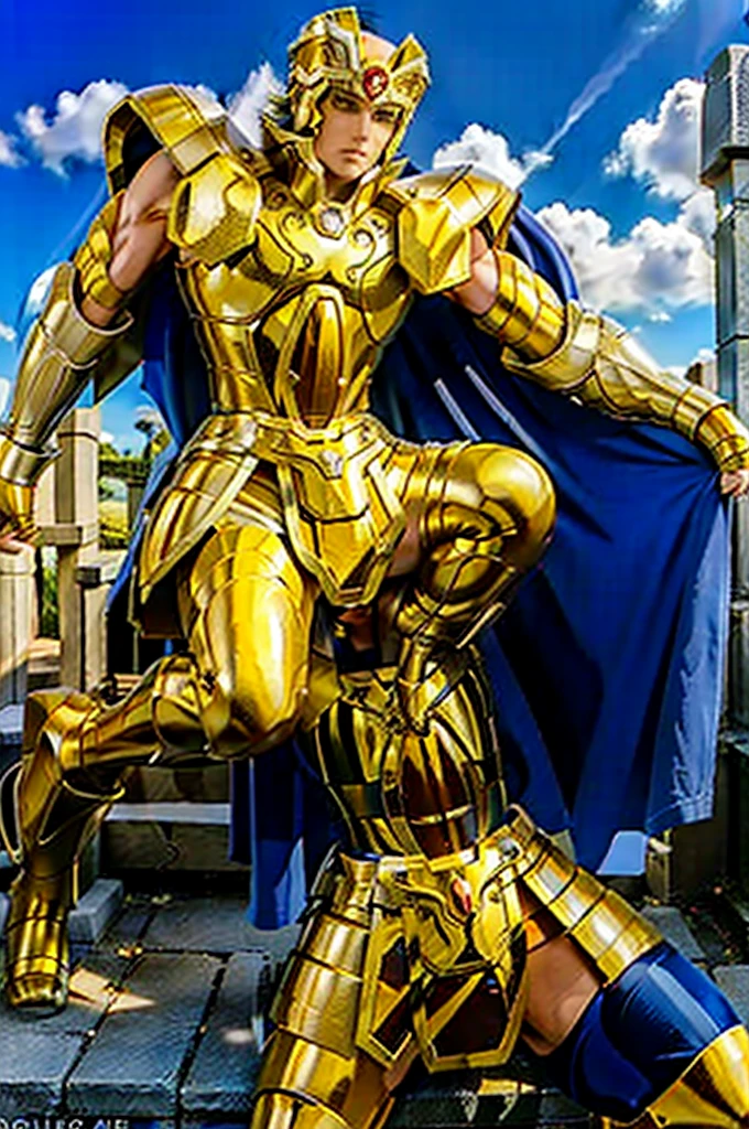 Gemini Armor, gold armor, Henry Cavill as 1boy, armor, Dramatic skies, looking at the audience, armor, Shut up, Upper Body, Serious, helmet, On the Greek temple bridge, Japanese cartoons, whole body. Go to the audience, boots