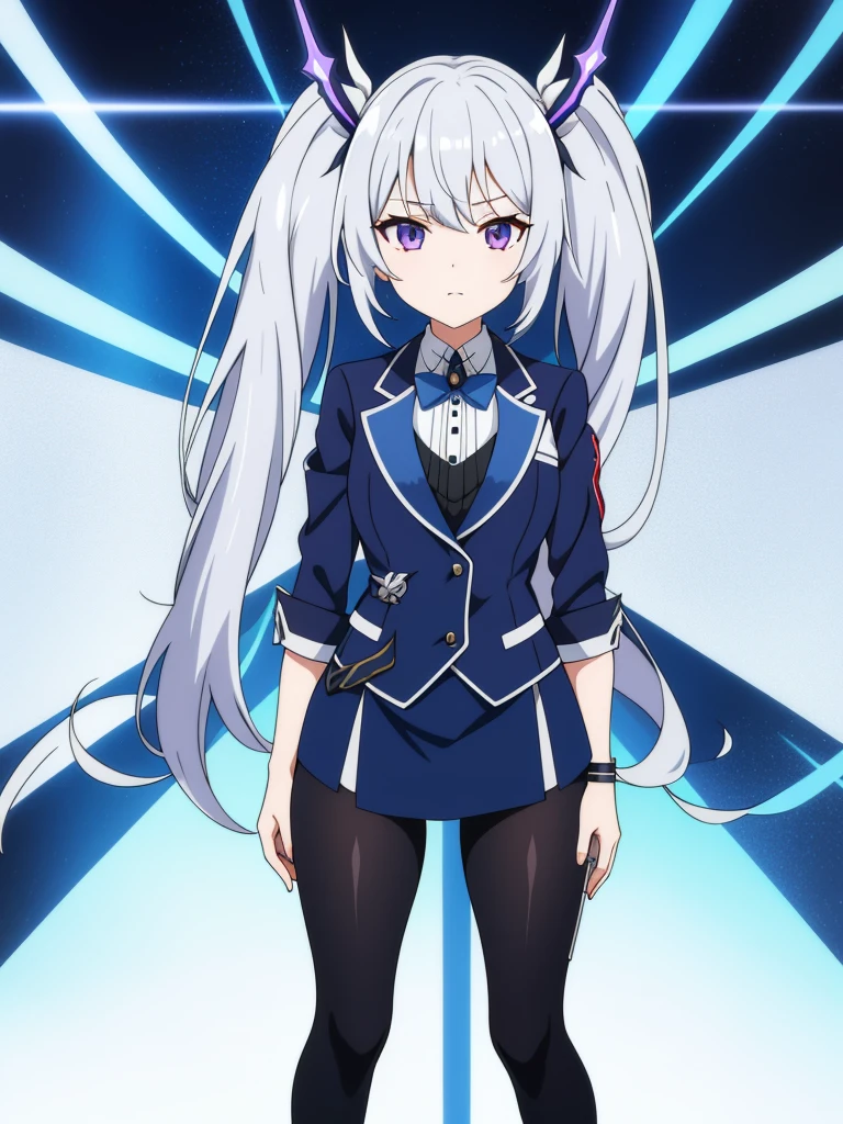 Mecha Wings、White and blue skirt、Accentuated thighs、White tights、chest、Beautiful grey hair、1 girl、solo girl、Thick thighs、is、Frame Arms Girl、Alice Gere Aegis、White Armor、Blue and purple lines、income、headphone、hand on own chest、smile