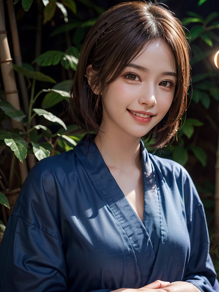 Highest quality, masterpiece, Ultra-high resolution, (Realistic:1.4), RAW Photos, One Girl, Incredibly beautiful kimono, Twelve-layered kimono, Japanese clothing, Deep Shadow, Moderate, Bamboo forest at night, Illuminated by the moonlight, 20-year-old, (A kind smile:1.3), Cute face, (head shot:1.2), Golden Ratio:1.3, Tying up your hair