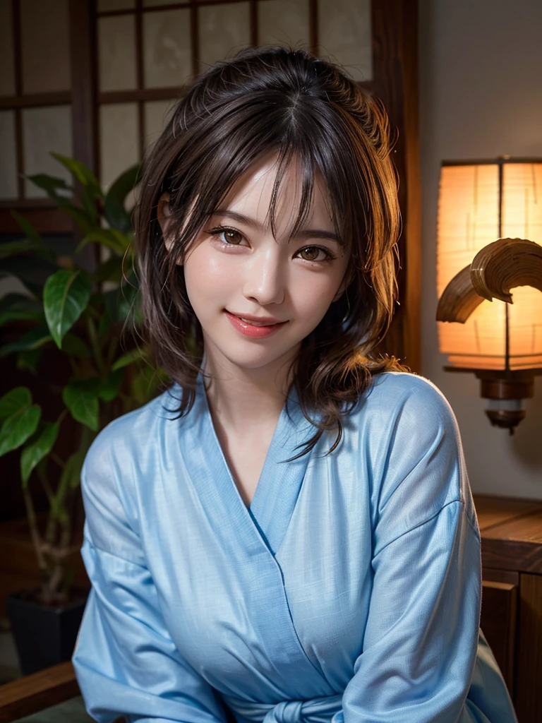 Highest quality, masterpiece, Ultra-high resolution, (Realistic:1.4), RAW Photos, One Girl, Incredibly beautiful kimono, Twelve-layered kimono, Japanese clothing, Deep Shadow, Moderate, Bamboo forest at night, Illuminated by the moonlight, 20-year-old, (A kind smile:1.3), Cute face, (head shot:1.2), Golden Ratio:1.3, Tying up your hair