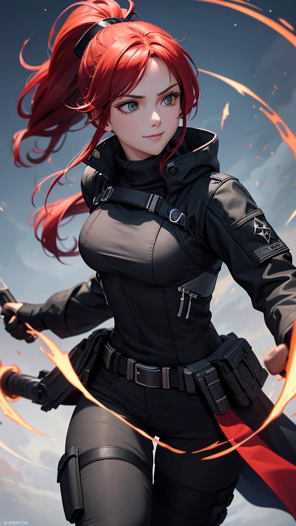 The Warrior Princess with Green Eyes, with red hair tied in a ponytail, seducing smile, wearing a black tactical overcoat with red details on the red lightning bolt emblem on the shoulder, long pants, Black boots, looking forward fearlessly and a starry senario, style of anime, lens glare, high détail, first-person perspective, Lumiere, Masterpiece artwork, super detailing, best qualityer, 8K, hiper HD