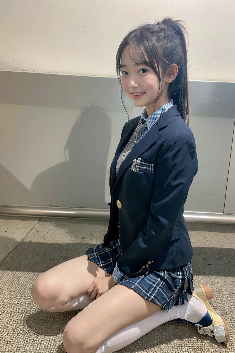 (8K), (highest quality: 1.2), (realistic), (realistic: 1.37), ultra high resolution, (1 girl、17 years old), cute, smile, closed mouth, beautiful details, beautiful nose, wet hair, giant dulcefo, pork, thighs,Self snap,High school Student Uniform,(A simple navy blue blazer),pleated skirt,(The skirt and tie are gray tartan check pattern....:1.3),(sitting:1), sit on the ground,(hug your feet:1),white pantyhose,from the front,knees、loafers、Low - Angle、From the front view、Checkered Pleated Skirt、Ponytail 1.2、Knee-high socks、barefoot、((Between the legs、Panties that fit the female genitals、White panties、膝を上げて、お尻を床に付けて座る))