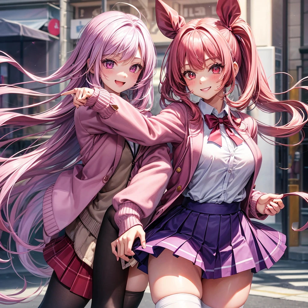 Best Quality，middle School girls，，smile，Red eyes，Pink hair color，Sparkling eyes，cardigan，Purple Uniform，beautiful girl，blazer，Beautiful girls，Absurd，Naughty Girls，White mini skirt，tights，Horny girl，Red ribbon