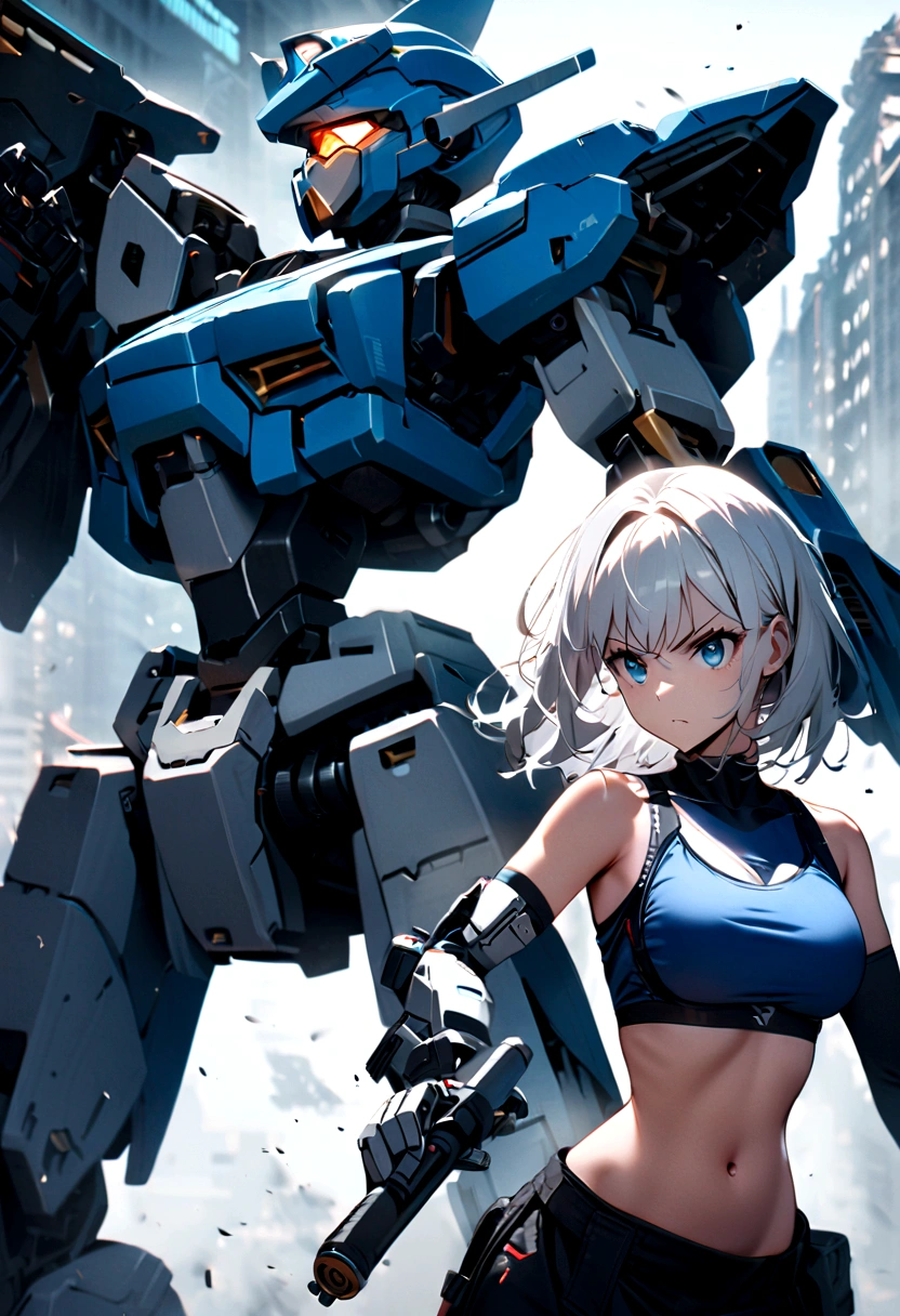 1 girl, white hair, blue colored eyes, Technological bra, exposed belly, left battle arm, human right arm, Pants, High-tech sneakers, serious pose, scenario with Mecha robot.