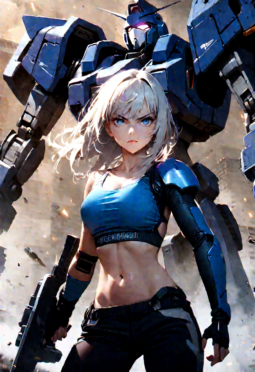 1 girl, white hair, blue colored eyes, Technological bra, exposed belly, left battle arm, human right arm, Pants, High-tech sneakers, serious pose, scenario with Mecha robot.