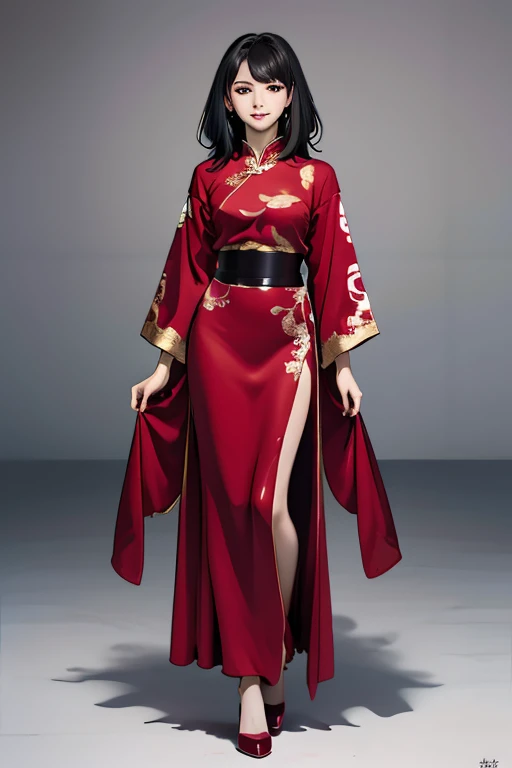 Highest quality　High resolution　Simple　ONEPEACE Cute girl cosplaying as Boa Hancock　Long black hair　Red shiny outfit　Red Chinese Dress　