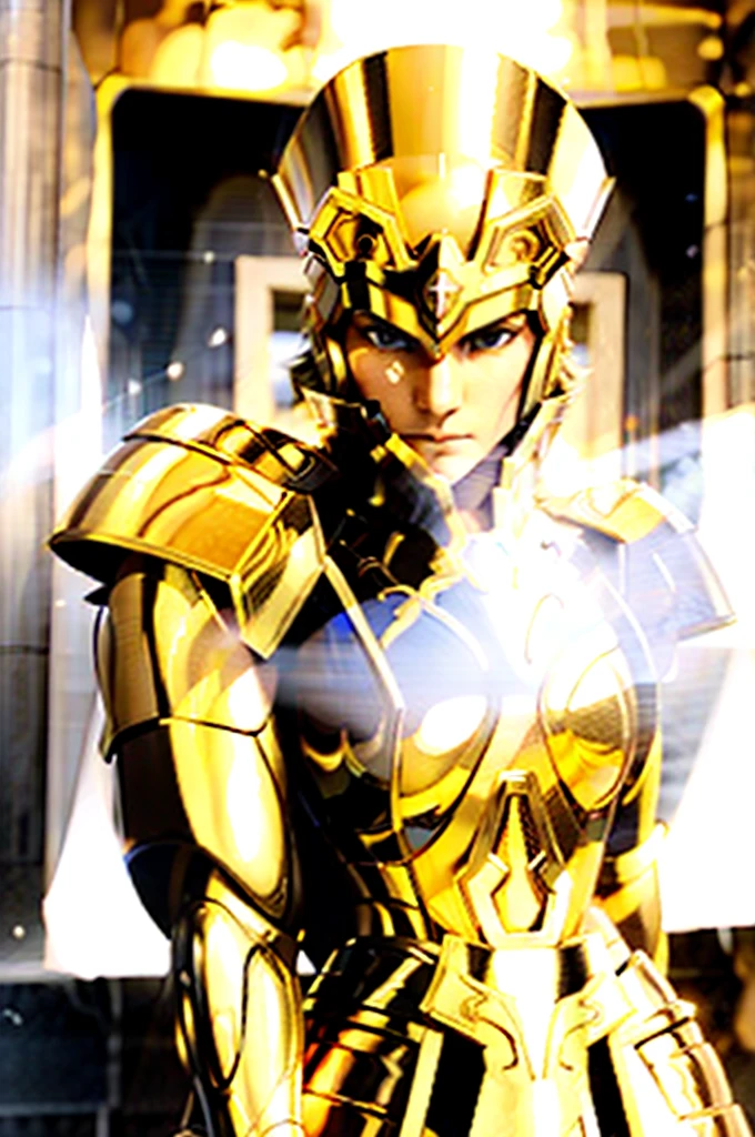 Gemini Armor, gold armor, Henry Cavill as 1boy, armor, Dramatic skies, looking at the audience, armor, Shut up, Upper Body, Serious, helmet, On the Greek temple bridge, Japanese cartoons, whole body. Go to the audience, boots
