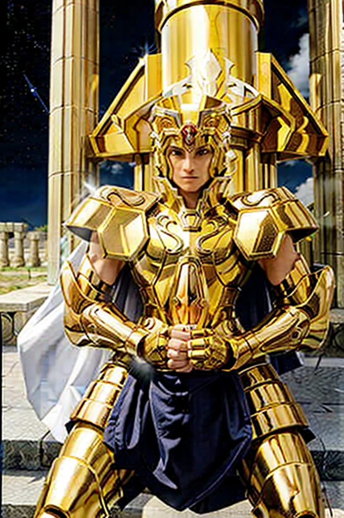 Gemini Armor, gold armor, Henry Cavill as 1boy, armor, Dramatic skies, looking at the audience, armor, Shut up, Upper Body, Serious, helmet, On the Greek temple bridge, Japanese cartoons, whole body. Go to the audience, boots