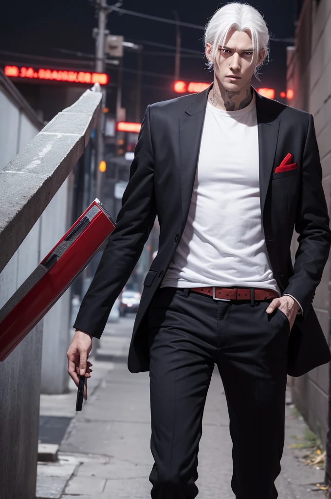 A tall man, good at fighting, a member of a street gang,white hair red eye ,cold and calculist