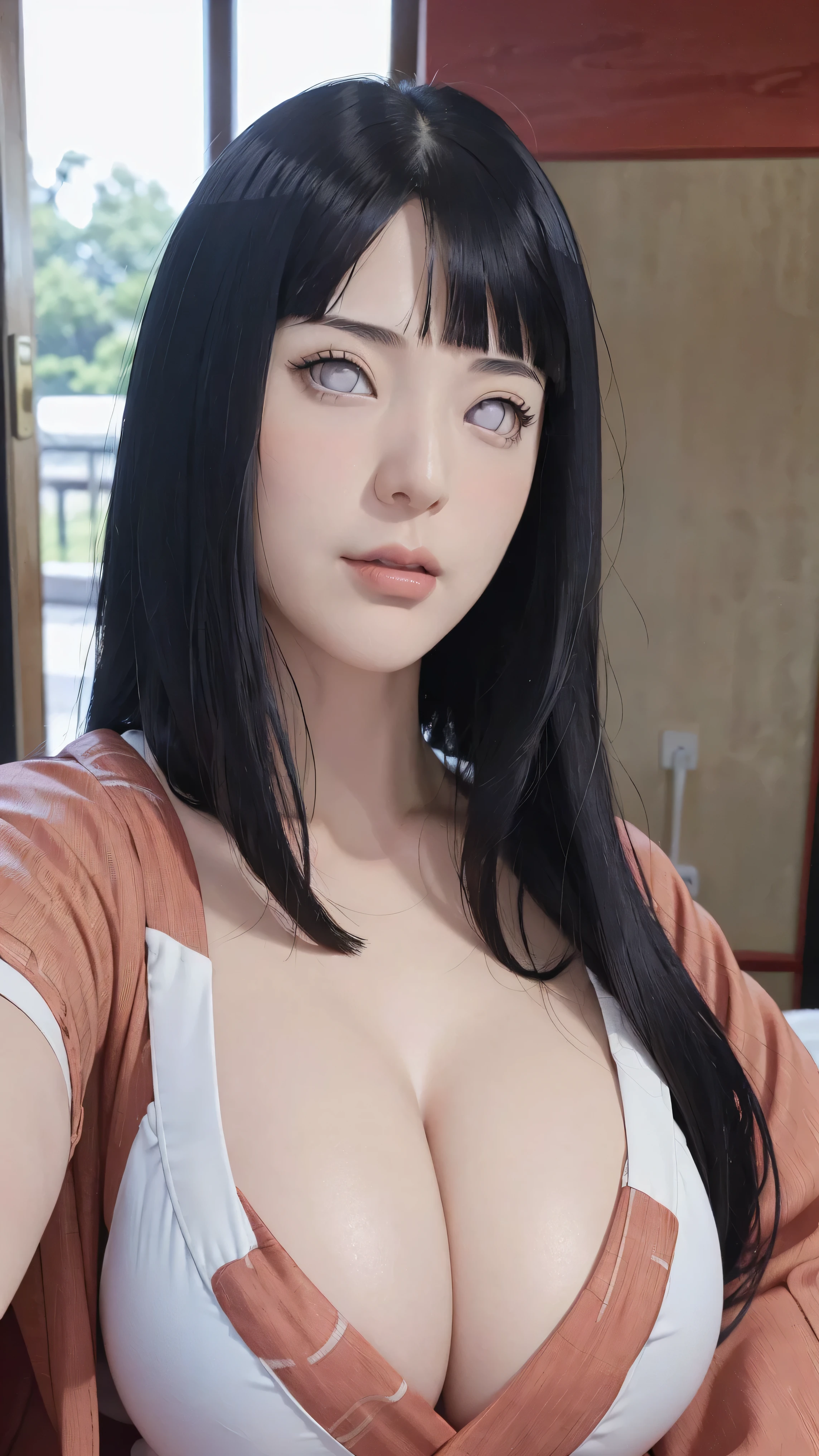 masterpiece, hinata\(boruto\), 1girl, mature women, (((Red kimono with spaghetti strap top))), (((Selfie))), (((Close-up photo))), (((cleavage))), (((Closed Clothing))), (((big breasts))), (((big round breasts))), (((round breasts))), (((extremely heavy breasts))), (((Colossal tits))), (((heavy breasts))), (((plump breasts))), (((super round breasts))), (((very round breasts))), (((perfect breasts))), (shy face), detailed lips, beautiful face, blush, (pink lips), (((long hair))), white eyes, gentle gaze, smile, super realistic, detailed, realistic face and body, realistic hair, realistic eyes, realistic nose, realistic lips, seductive pose, (((straight bangs))), (dark blue hair), 28 year old girl