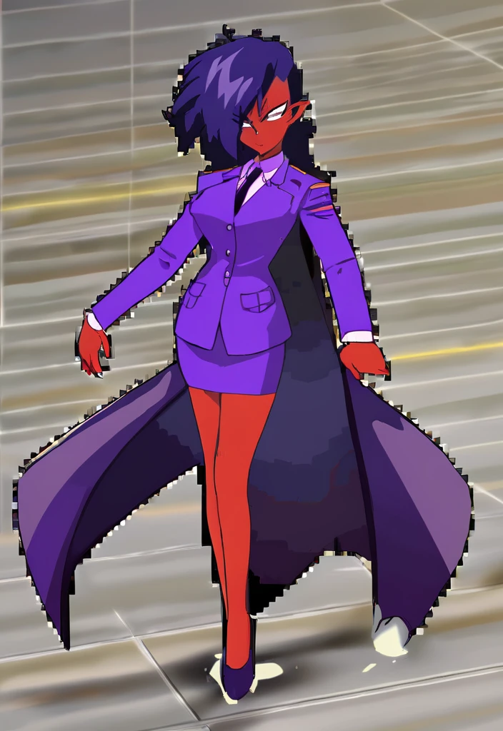 Make a evil military black anime woman in a purple skirt suit witha tie on full body