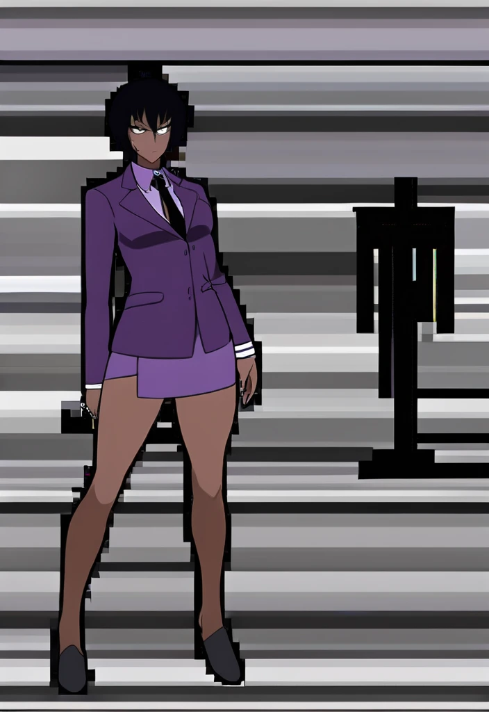 Make a evil military black anime woman in a purple skirt suit witha tie on full body