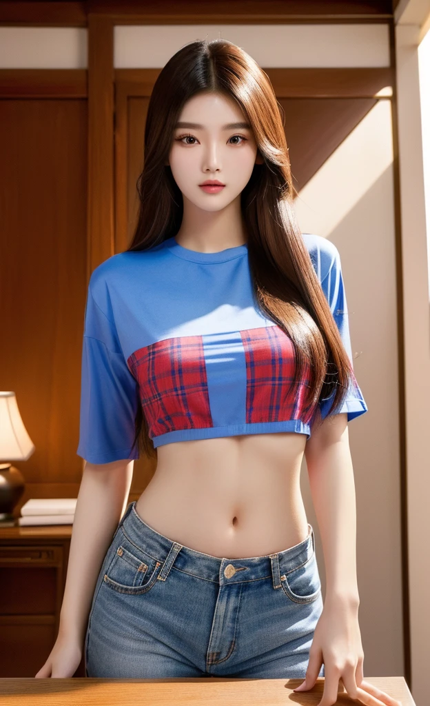 The Araffe woman wore a red and blue plaid T-shirt., ผู้หญิงlong hairชาวเอเชียตะวันออกเฉียงใต้ที่มีใบหน้ากลม, Large bust measures 38 inches., Warm light, morning sun, long hair,black eyes,abdominal muscles, (digital painting, HDR, high contrast), 3d, 8K, 45,000,000 pixcls, Gorgeous Chinese model, Japanese model, beautiful asian woman, Japanese goddess, beautiful female model, jaw-dropping beauty, Attractive face and body