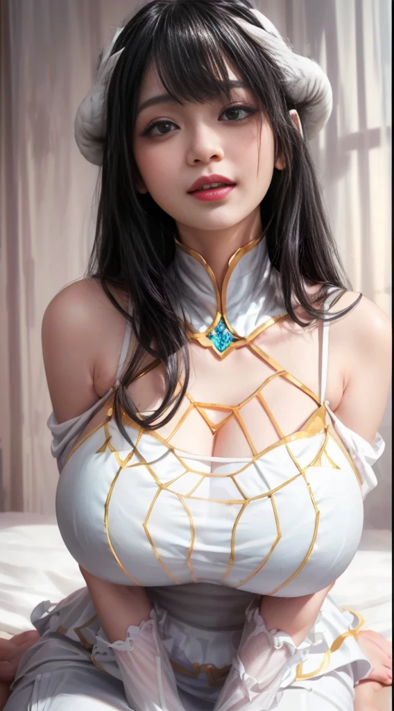 （（（albedo \(the good\), white horns, demonic horns, Pupil of the slit，White dress, long  skirt，Black wings, Feathered wings，black color hair，Golden pupils，Fashionab））），((tmasterpiece)),A high resolution, ((Best quality at best))，tmasterpiece，top-quality，Best quality，（（（ exquisite facial features，looking at viewert,There is light in the eyes，Smilingly，Self-confident ））），（（（Light and shadow interlace，huge boob，Lop，Protruding nipples））），（（（araf asian woman posing, Looking up from the bottom，face flushed，an sexy，sit on a bed，with her mouth open、Put your arms behind your head、））, horns