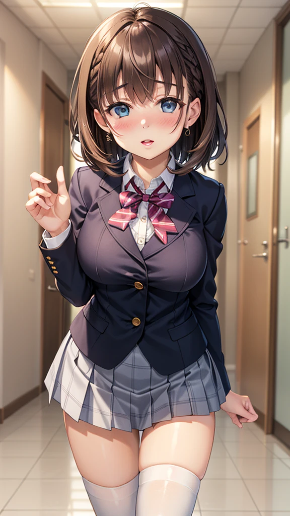 imminent kiss, kiss pov, One girl, Natural light, masterpiece, Very detailed, figure, Game CG, Absurd, high quality, Ai-chan, Large Breasts, blue eyes, Beautiful attention to detail, Short brown hair, Side braid, School, blazer, Checked mini skirt, Thigh-high socks, School hallway