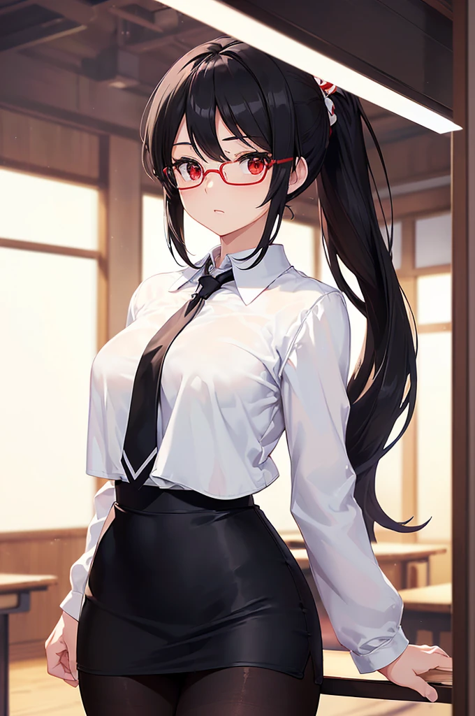 (masterpiece; best quality: 1.2), (finely detailed eyes: 1.3), ((25 year old woman)), ((solo)), (red eyes: 1.4), (body; gorgeous, soft, femenine: 1.3), (silky black hair + low ponytail: 1.3), (beautiful and clear background: 1.2), ((depth of field)), (equipment: white open labcoat + black shirt + white necktie + black long pencil skirt + black pantyhose + black square glasses: 1.3), (anime illustration: 1.2), (background composition; japanese highschool classroom + furniture: 1.1), (extremely fine and beautiful: 1.1), (shot composition; standing + centered on torso + close-up: 1.5), (expression; calm, stoic: 1.2)