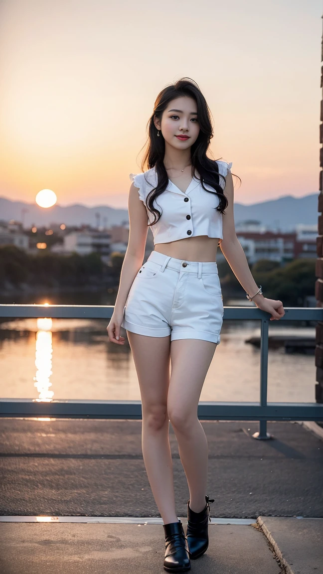 ulzzang-6500-v1.1, (RAW photos:1.2), (Photorealism), Beautiful and delicate girl, (real: 1.4), (Piece Fly), 1 girl, Photo model, Smile, Focus on your audience, Beautiful Lights, best quality, masterpiece, Ultra-high resolution, Practical, Black Hair, Short vest, shorts, super Practical stockings, Medium breasts, White skin,( Sunset background:1.4), full-body shot:1.2