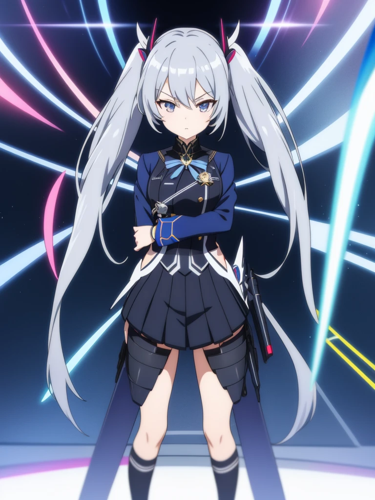 1girl, anime girl, silver hair, long twintails, silver eyes, dark blue school suit, honkai style, cool weapons