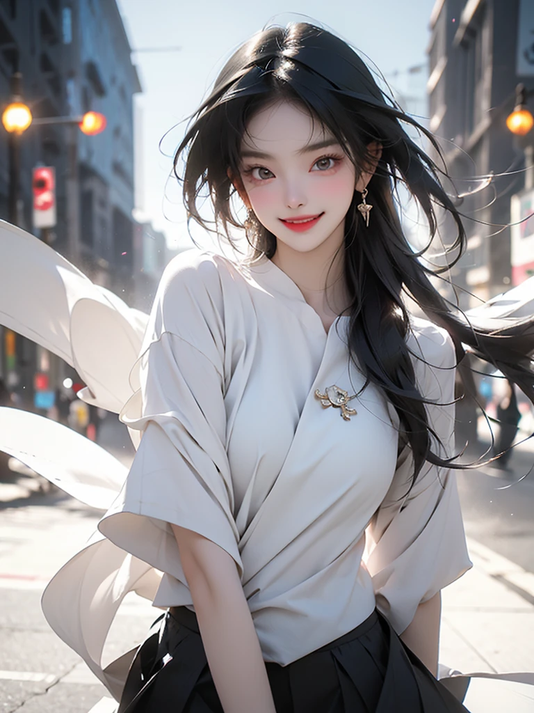 Grinning,A bright smile,Beauty,Half Body,Close-up exquisite,real,4K,No background,happy,Lively,Modern style mini skirt,No decoration on the head,Smooth black hair,Grinning,White, neat teeth are exposed