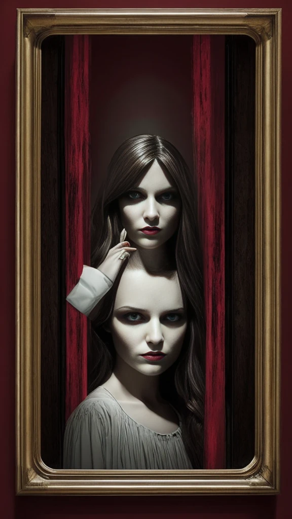 Illustrate Bloody Mary's supernatural abilities, such as manipulating mirrors to reveal hidden truths or distorting reality to instill fear. Her presence should feel unsettling, hinting at powers