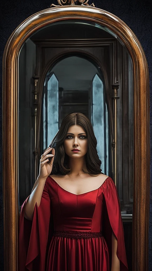 Illustrate Bloody Mary's supernatural abilities, such as manipulating mirrors to reveal hidden truths or distorting reality to instill fear. Her presence should feel unsettling, hinting at powers