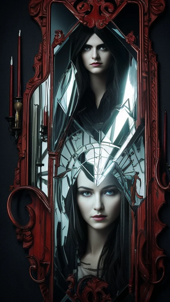 Illustrate Bloody Mary's supernatural abilities, such as manipulating mirrors to reveal hidden truths or distorting reality to instill fear. Her presence should feel unsettling, hinting at powers