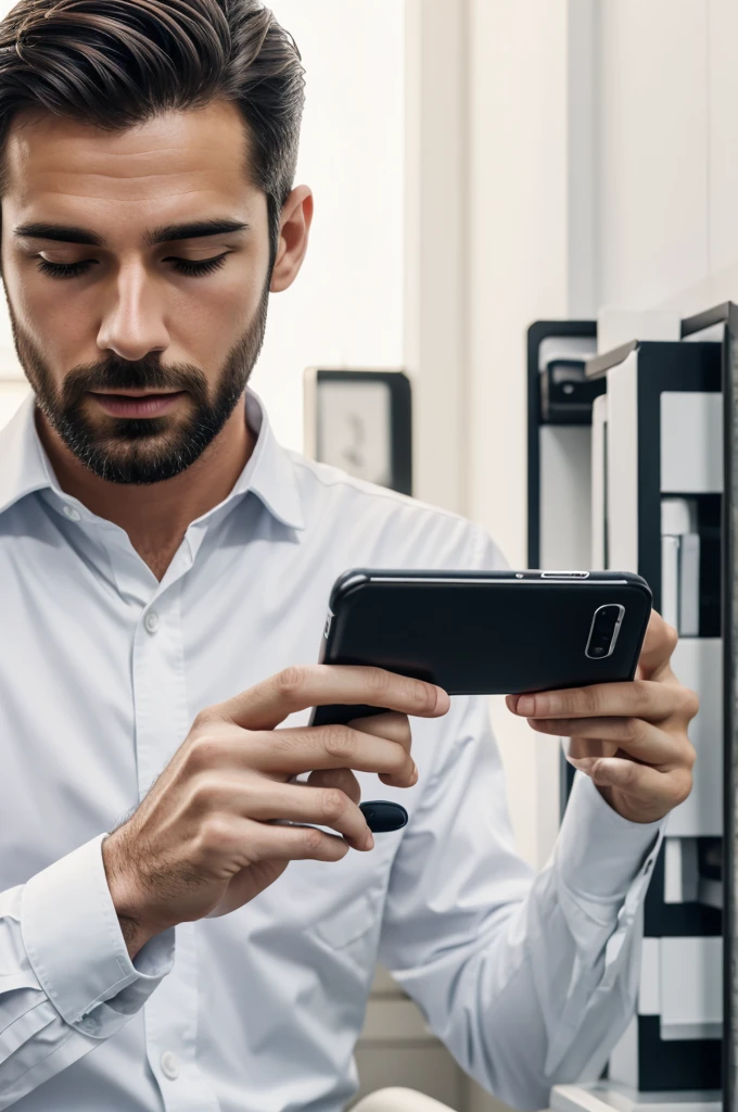 A man white illustration holding a phone and scrolling reels camera angle behind it