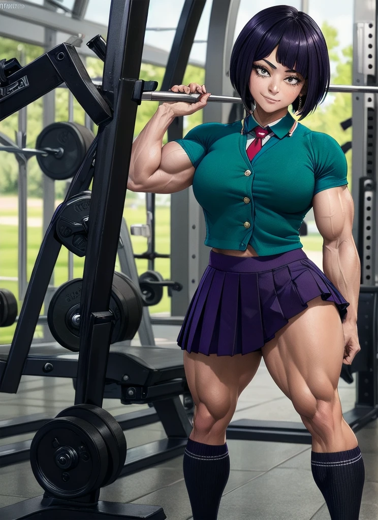 ((best quality)), ((very detailed)), masterpiece, absurdeste, (detailled eyes, deep eyes), (((((((1 girl))))))), Full body, Very wide shot, jirou2, purple hair, shorth hair, bangs, black eyes, long earlobes, small breasts, smiling, , (grey vest, short sleeves), White collar shirt, red necktie, green skirt, pleated skirt, black socks, ((Bodybuilder)), , young woman, muscular, Legs , muscular Arme, muscularr Oberkörper, muscular Bauchmuskeln