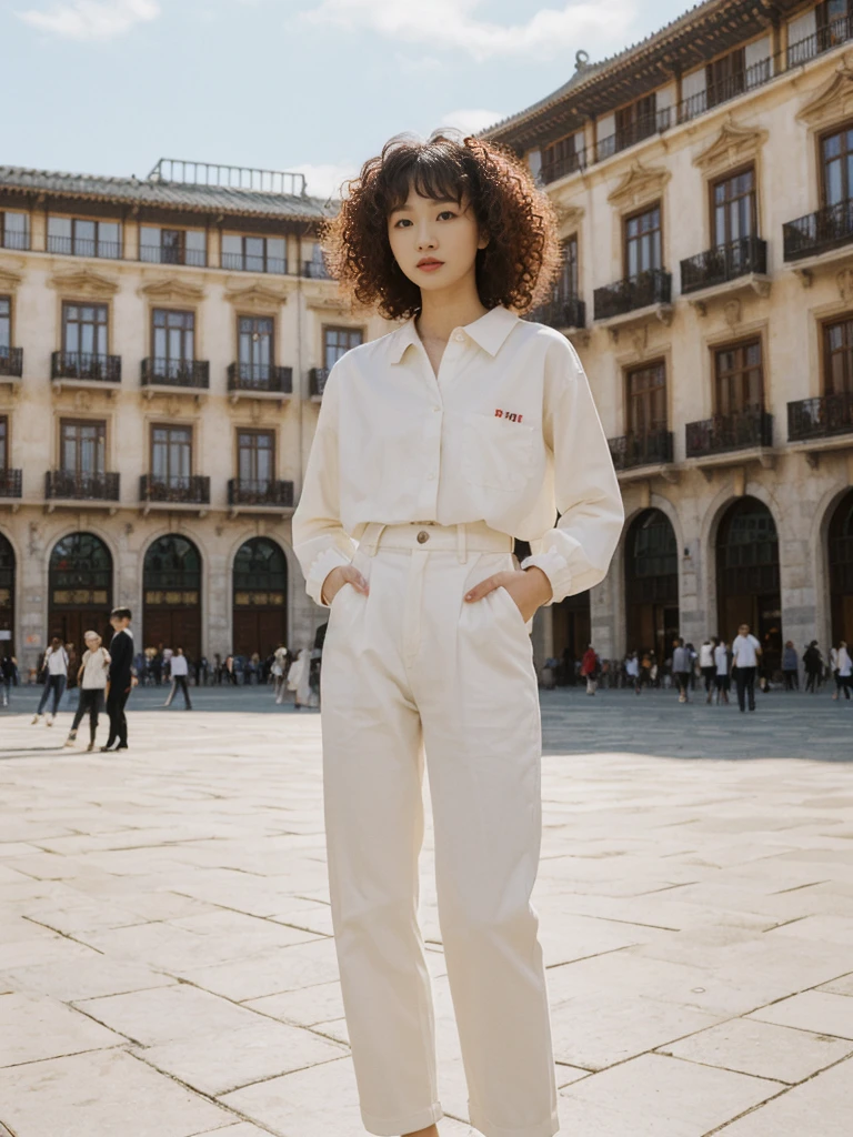 her name is Asako, high quality, 1girl, ((20-year-old fit Caucasian woman)), ((20 years old)), ((slim)), ((Korean Perm)), pose: standing, wearing aesthetic Generation-Z modern wear different colored, BACKGROUND: "In the Plaza Mayor, surrounded by grand arcaded buildings and vibrant street performers."