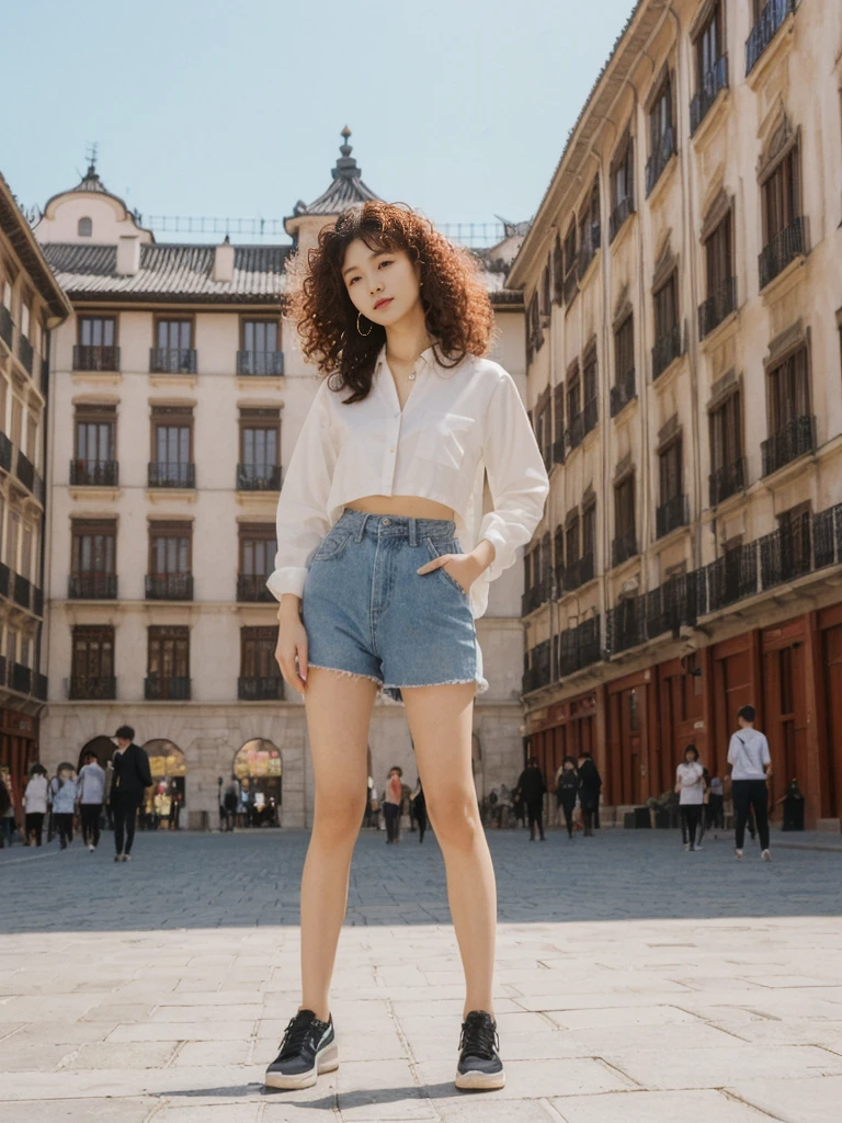 her name is Asako, high quality, 1girl, ((20-year-old fit Caucasian woman)), ((20 years old)), ((slim)), ((Korean Perm)), pose: standing, wearing aesthetic Generation-Z modern wear different colored, BACKGROUND: "In the Plaza Mayor, surrounded by grand arcaded buildings and vibrant street performers."