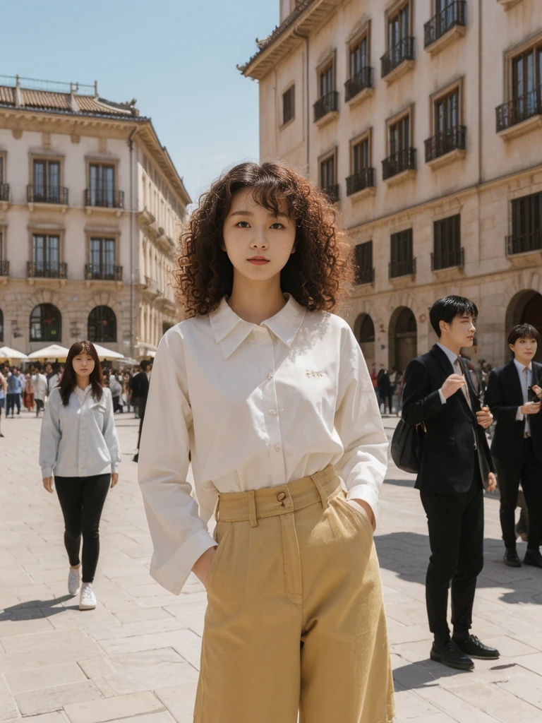 her name is Asako, high quality, 1girl, ((20-year-old fit Caucasian woman)), ((20 years old)), ((slim)), ((Korean Perm)), pose: standing, wearing aesthetic Generation-Z modern wear different colored, BACKGROUND: "In the Plaza Mayor, surrounded by grand arcaded buildings and vibrant street performers."