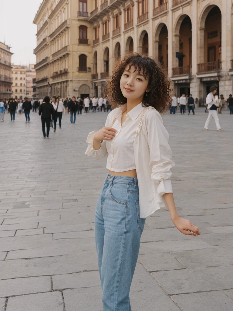 her name is Asako, high quality, 1girl, ((20-year-old fit Caucasian woman)), ((20 years old)), ((slim)), ((Korean Perm)), pose: standing, wearing aesthetic Generation-Z modern wear different colored, BACKGROUND: "In the Plaza Mayor, surrounded by grand arcaded buildings and vibrant street performers."