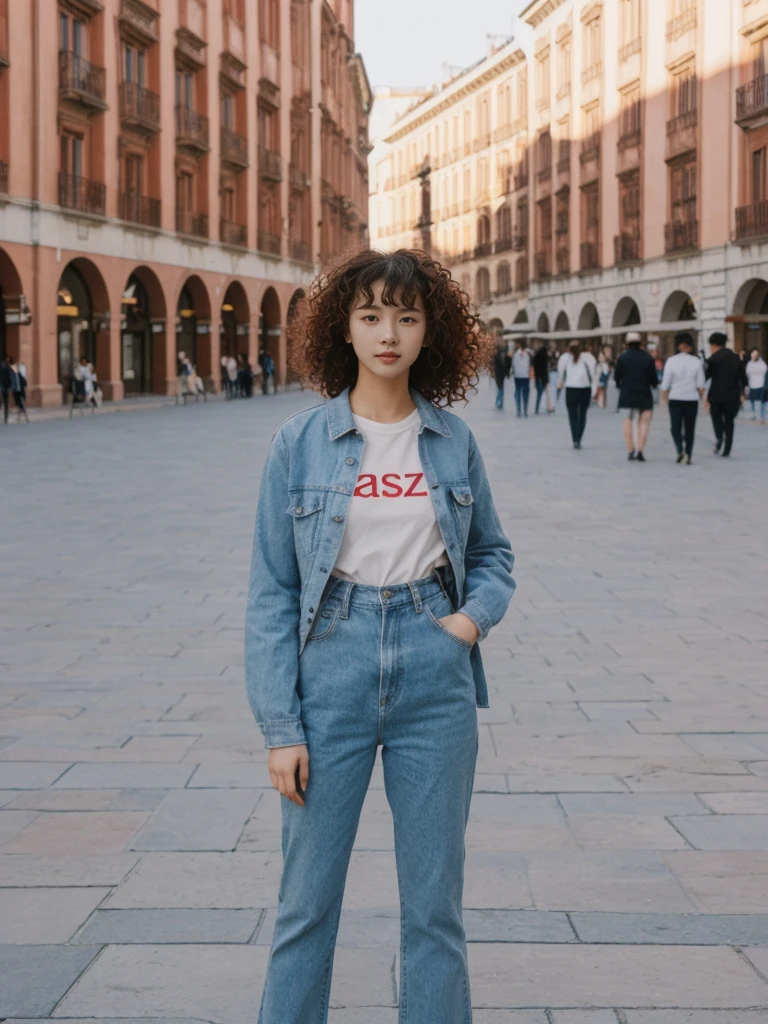 her name is Asako, high quality, 1girl, ((20-year-old fit Caucasian woman)), ((20 years old)), ((slim)), ((Korean Perm)), pose: standing, wearing aesthetic Generation-Z modern wear different colored, BACKGROUND: "In the Plaza Mayor, surrounded by grand arcaded buildings and vibrant street performers."