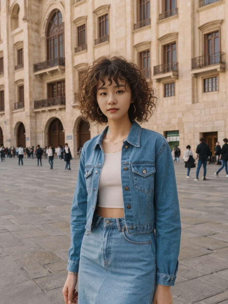 her name is Asako, high quality, 1girl, ((20-year-old fit Caucasian woman)), ((20 years old)), ((slim)), ((Korean Perm)), pose: standing, wearing aesthetic Generation-Z modern wear different colored, BACKGROUND: "In the Plaza Mayor, surrounded by grand arcaded buildings and vibrant street performers."