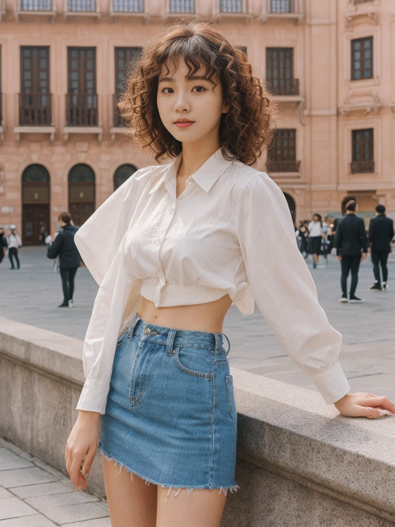 her name is Asako, high quality, 1girl, ((20-year-old fit Caucasian woman)), ((20 years old)), ((slim)), ((Korean Perm)), pose: standing, wearing aesthetic Generation-Z modern wear different colored, BACKGROUND: "In the Plaza Mayor, surrounded by grand arcaded buildings and vibrant street performers."