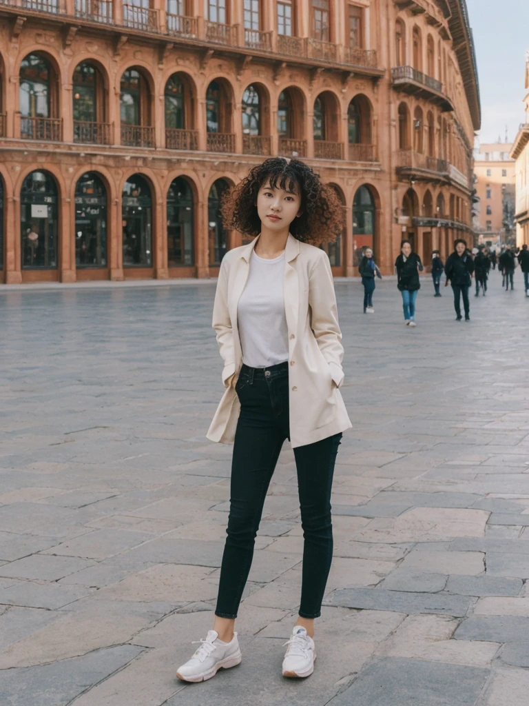 her name is Asako, high quality, 1girl, ((20-year-old fit Caucasian woman)), ((20 years old)), ((slim)), ((Korean Perm)), pose: standing, wearing aesthetic Generation-Z modern wear different colored, BACKGROUND: "In the Plaza Mayor, surrounded by grand arcaded buildings and vibrant street performers."