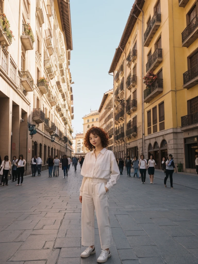 her name is Asako, high quality, 1girl, ((20-year-old fit Caucasian woman)), ((20 years old)), ((slim)), ((Korean Perm)), pose: standing, wearing aesthetic Generation-Z modern wear different colored, BACKGROUND: "In the Plaza Mayor, surrounded by grand arcaded buildings and vibrant street performers."